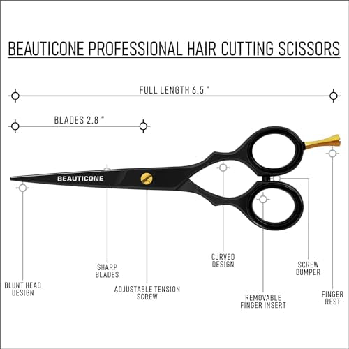 BEAUTICONE Hair Cutting Scissors | 6.5 Inch Professional Stainless Steel Barber Shears | Hairdressing Scissors | Smooth & Sharp Edge Blades - for Men/Women (Fix Screw Cutting Black)