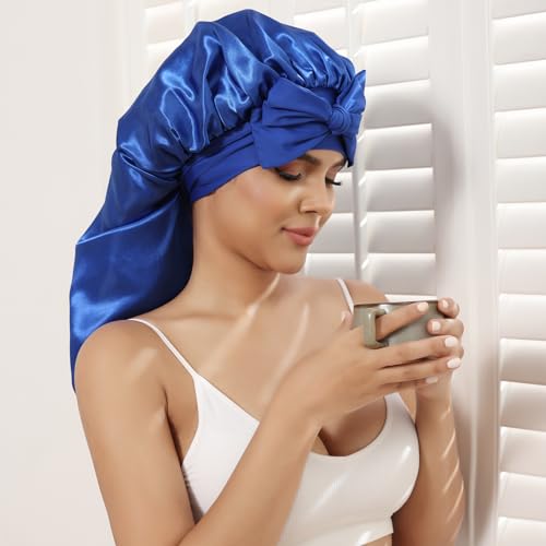 AWAYTR Long Satin Bonnet for Women - Double Layer Elastic Silk Bonnet for Braids Hair Sleeping Cap with Tie Band (Royal Blue)