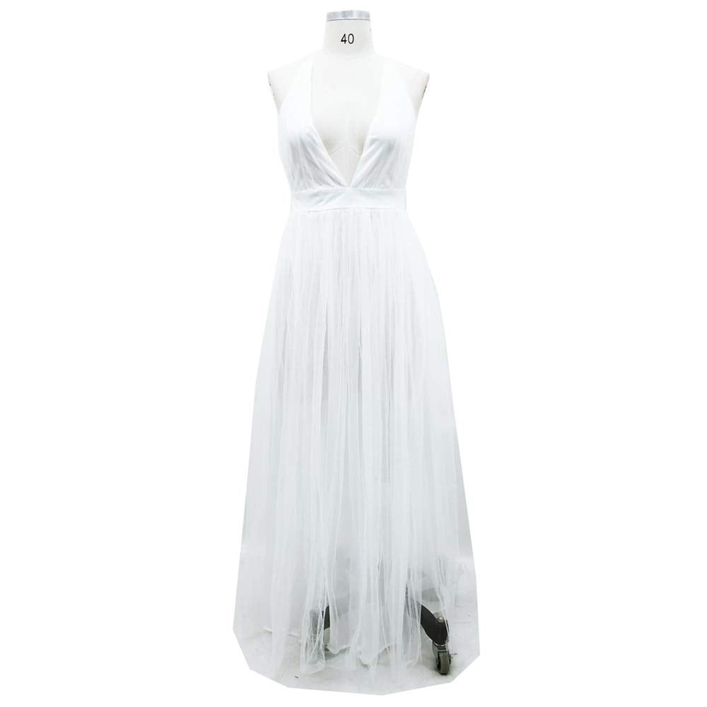Aniywn Women Sexy Deep V Neck Sleeveless Long Halter Party Dress Mesh Sheer Wedding Maxi Dress White