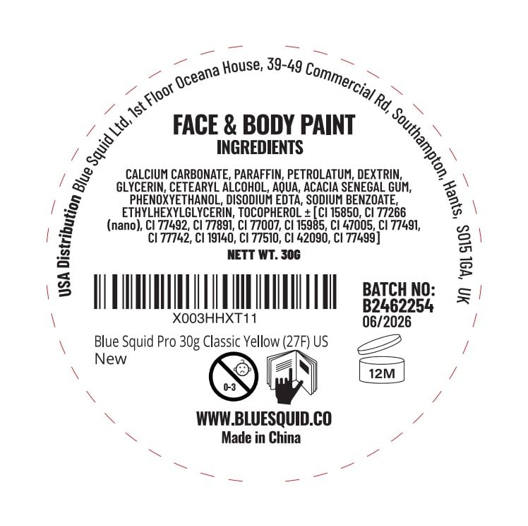 Blue Squid PRO Face Paint - Professional Water Based Single Cake Facepaint & Body Paints - SFX Makeup, Kids Adults Face Painting for Costume, Halloween, Cosplay - Classic Yellow 30g / 1oz