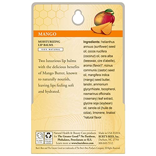 Burt's Bees Lip Balm - Mango, Lip Moisturizer With Responsibly Sourced Beeswax, Tint-Free, Natural Origin Conditioning Treatment, 2 Tubes, 0.15 oz.