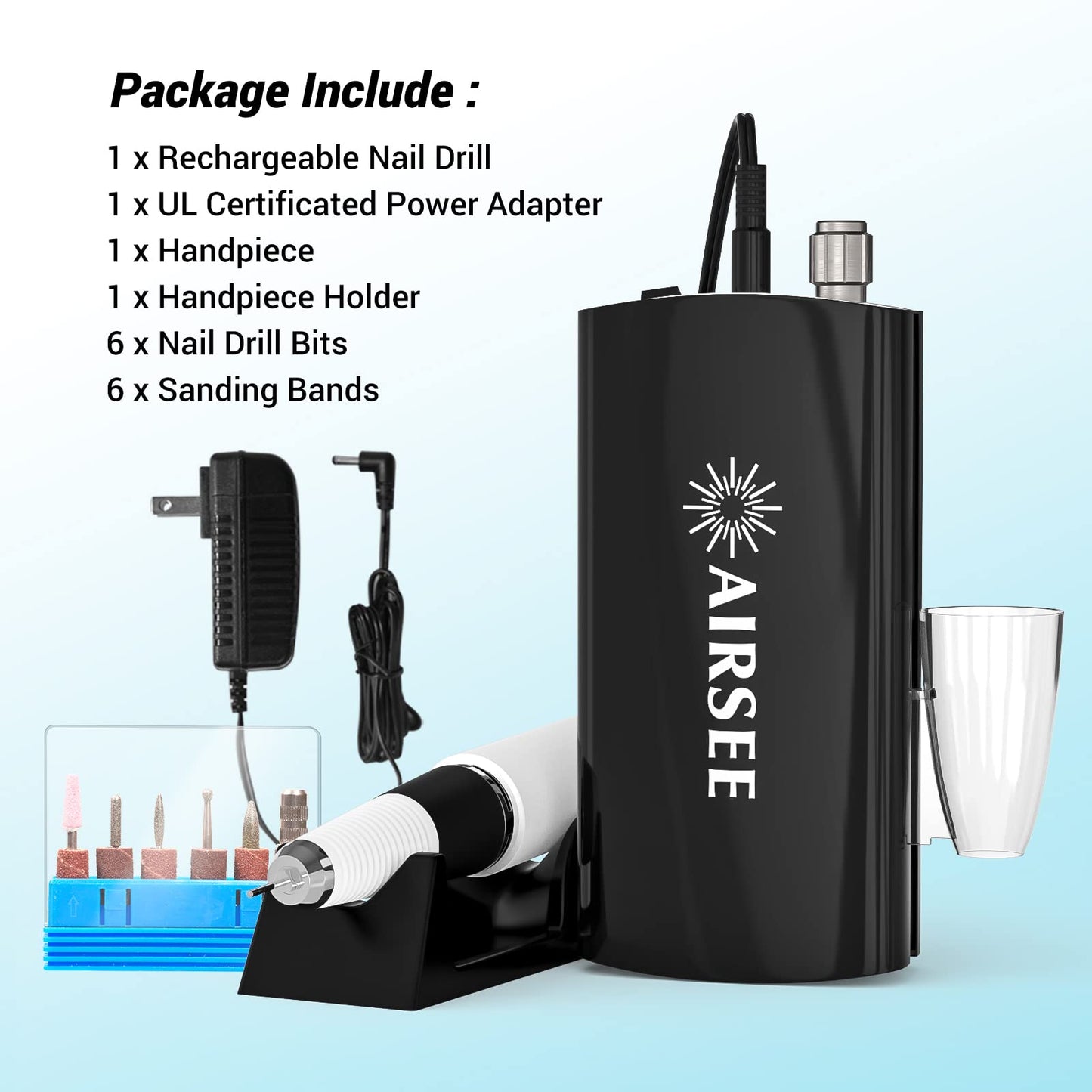 AIRSEE Professional Rechargeable 30000 RPM Nail Drill Machine Portable Efile Electric Nail File Wireless Manicure Pedicure Set Acrylic Gel Nail Grinder Tools with 6 Bits and Sanding Bands E6 Black