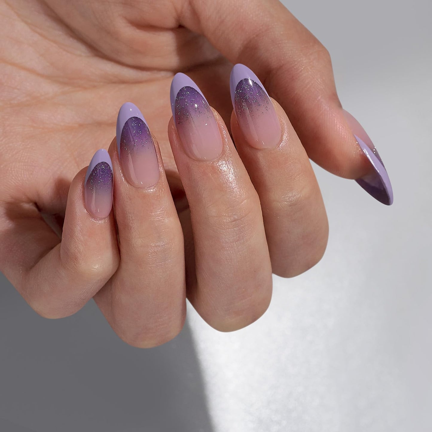 BTArtbox French Tip Press On Nails - Almond Ombre Press On Nails Medium, Glue On Nails with Glitters, Supremely Fit & Natural Reusable Stick On Nails in 15 Sizes, Twilight