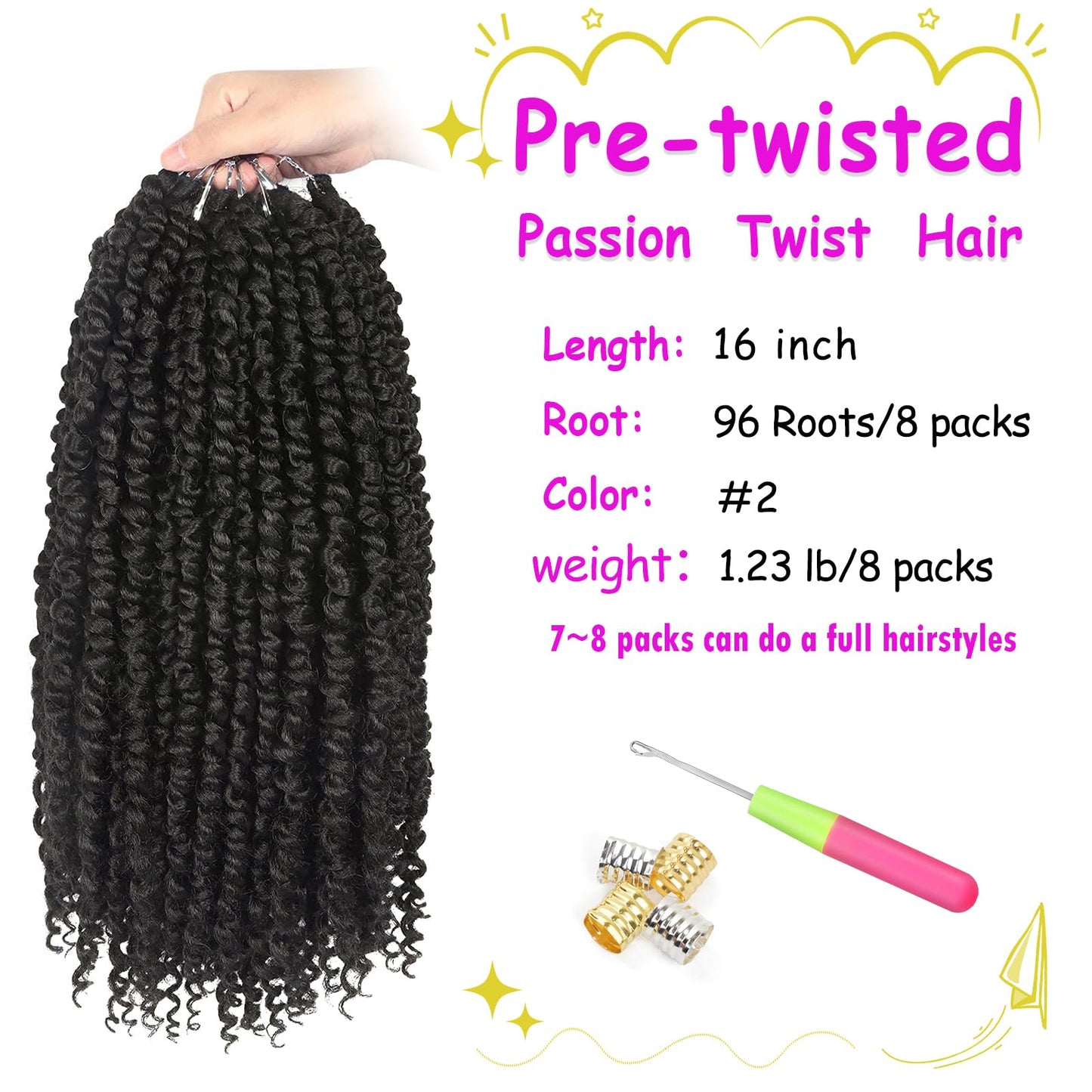 Bileaf Pretwisted Passion Twist Crochet Hair 16 Inch Passion Twist Hair Pre-Twisted, Pre Looped Ombre Passion Twist Crochet Braids Bohemian Crochet Twist Hair 8 Packs #2