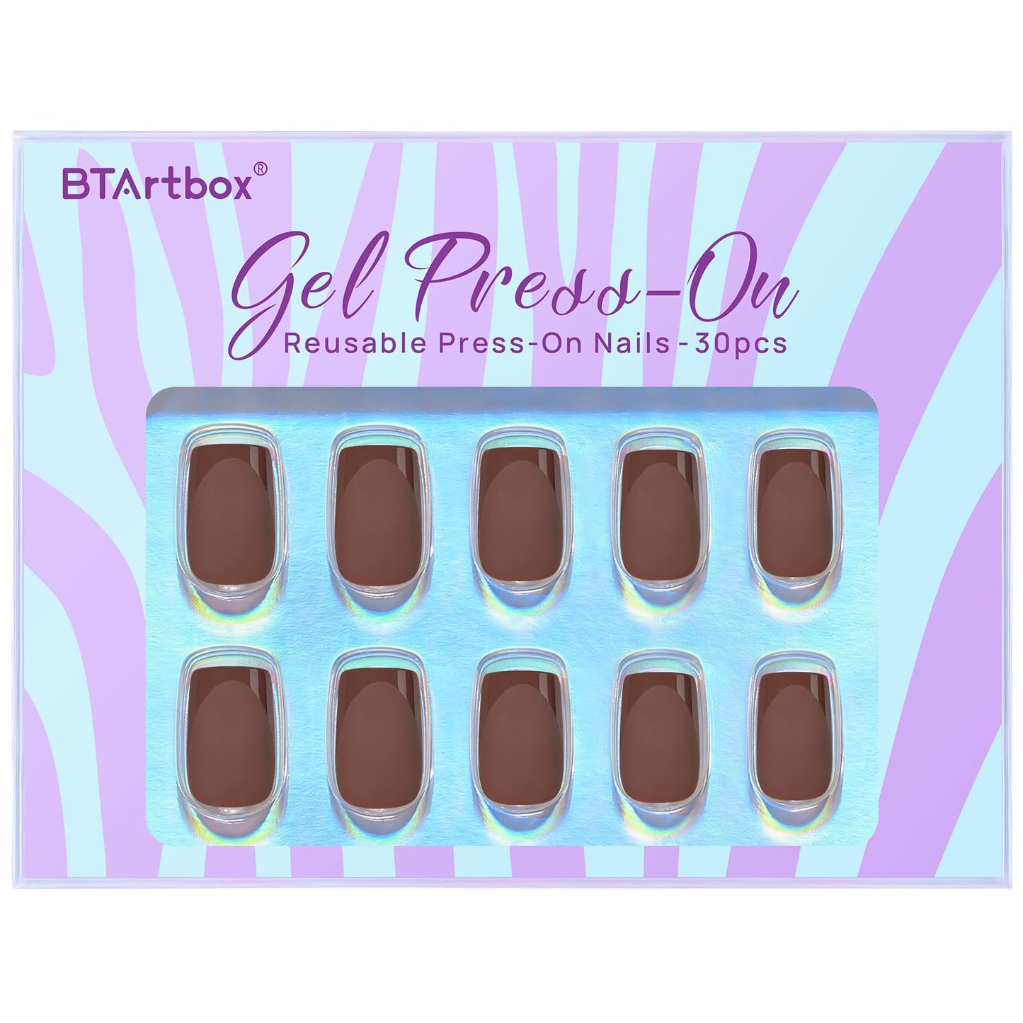 BTArtbox Press on Nails Short Square - Dark Brown Nails with Glossy French Tips in a Matte Finish, Soft Gel Fake Nails Glue On Nails in 16 Sizes for Gift, Coffee Toffee
