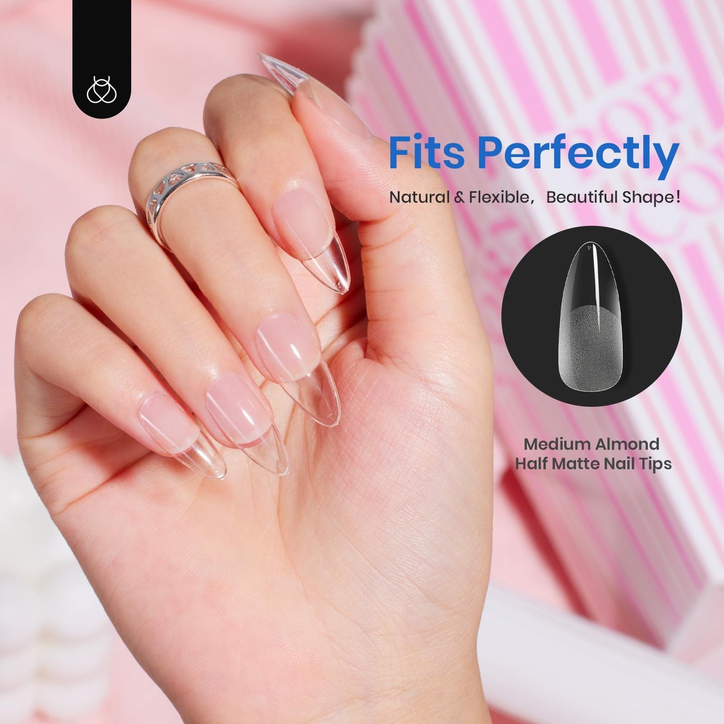 Beetles 12 Sizes Gel Nail Tips Etch Nail Tips 504Pcs Pre Filed Half Matte Medium Almond Full Cover Nail Tips False Fake Clear Acrylic Press on Nails for DIY Nail Extension and Salon Use