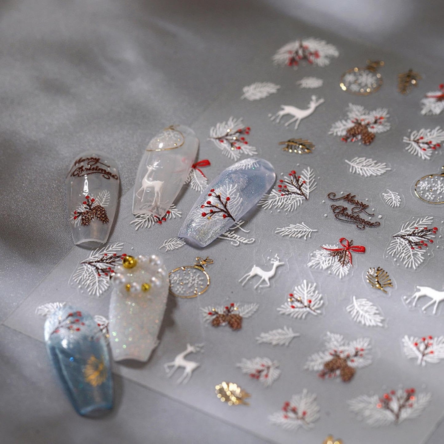 Christmas Nail Art Stickers 5D Embossed Elk Nail Stickers Cute Self-Adhesive Snowflake Feather Leaf Xmas Nail Decals Decoration for Women Girls Winter Holiday Manicure DIY Nail Supplies