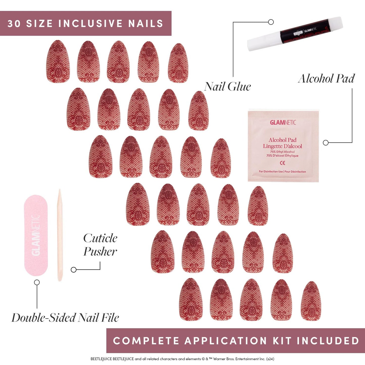 Beetlejuice Beetlejuice™ x Glamnetic Press On Nails - Lydia™ | Red Lace 3D Effect Matte Short Almond False Nails, Reusable Stick On Fake Nails with Glue | Salon Quality | 15 Sizes - 30 Nail Kit