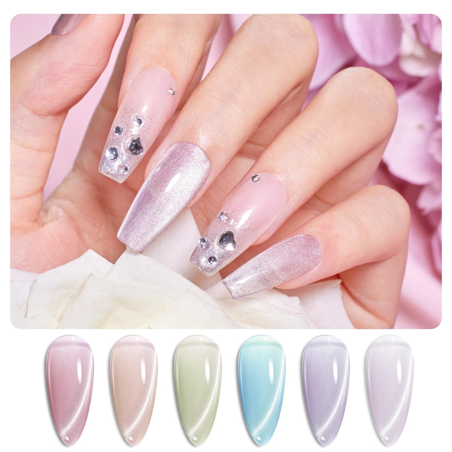 Beetles Cat Eye Gel Nail Polish Set, 6 Colors Jelly Pink Translucent Pastel Blue Purple Orange Green Glass Cat Eye Sheer Gel Polish Kit Soak Off UV Lucite Collection Manicure Gifts for Women