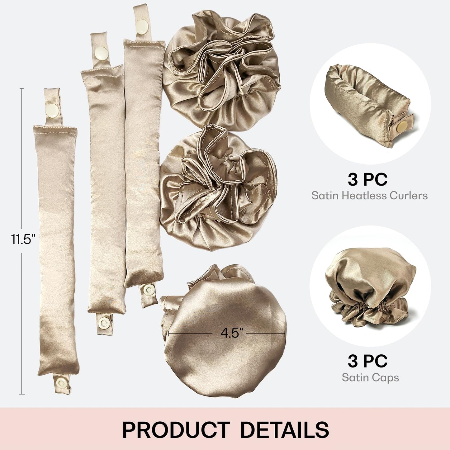 BLINKEEN Satin Heatless Hair Curler 3Sets/6PCS, Flexi Rod for All Hair Types, No Heat Curlers to Sleep In - C-3Sets-Golden
