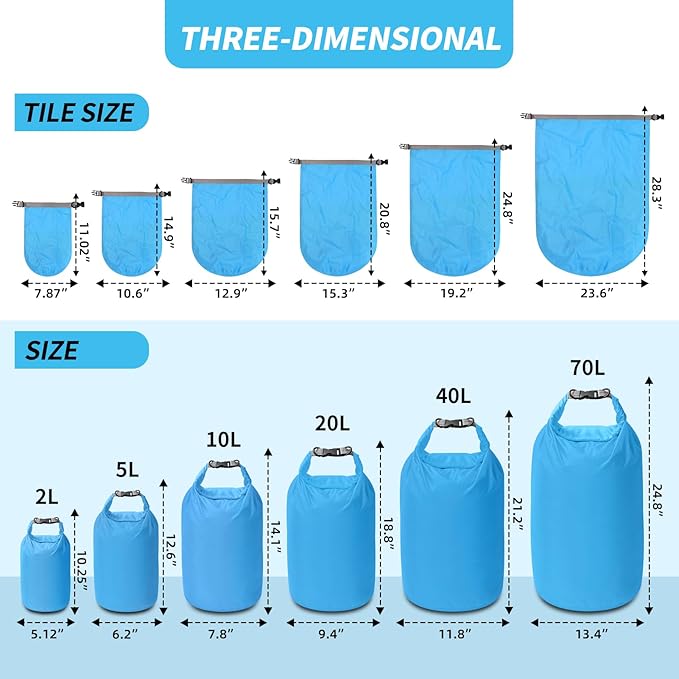 Dry Bag Set, Waterproof Small Lightweight Dry Bags for Paddle Board Kayaking, Fishing, Camping (Blue, 2L+5L+10L)