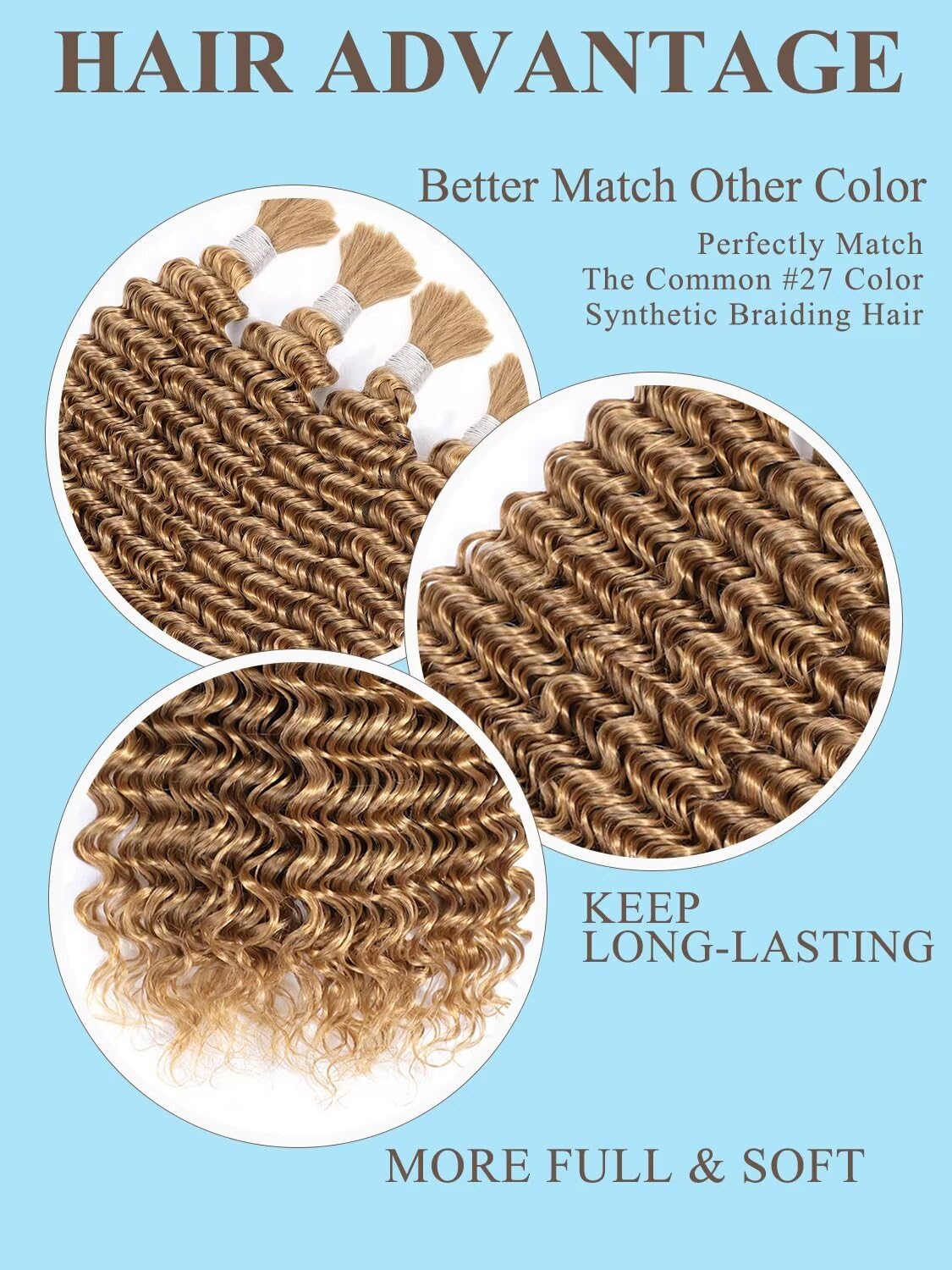 Blonde Braiding Hair 100g 16 Inch Deep Water Wave 2 Bundle Bulk Human Hair for Braiding Highlight Honey Blonde Curly Hair Extensions for Boho Braids Wet and Wavy Color 27 Human Braiding Hair