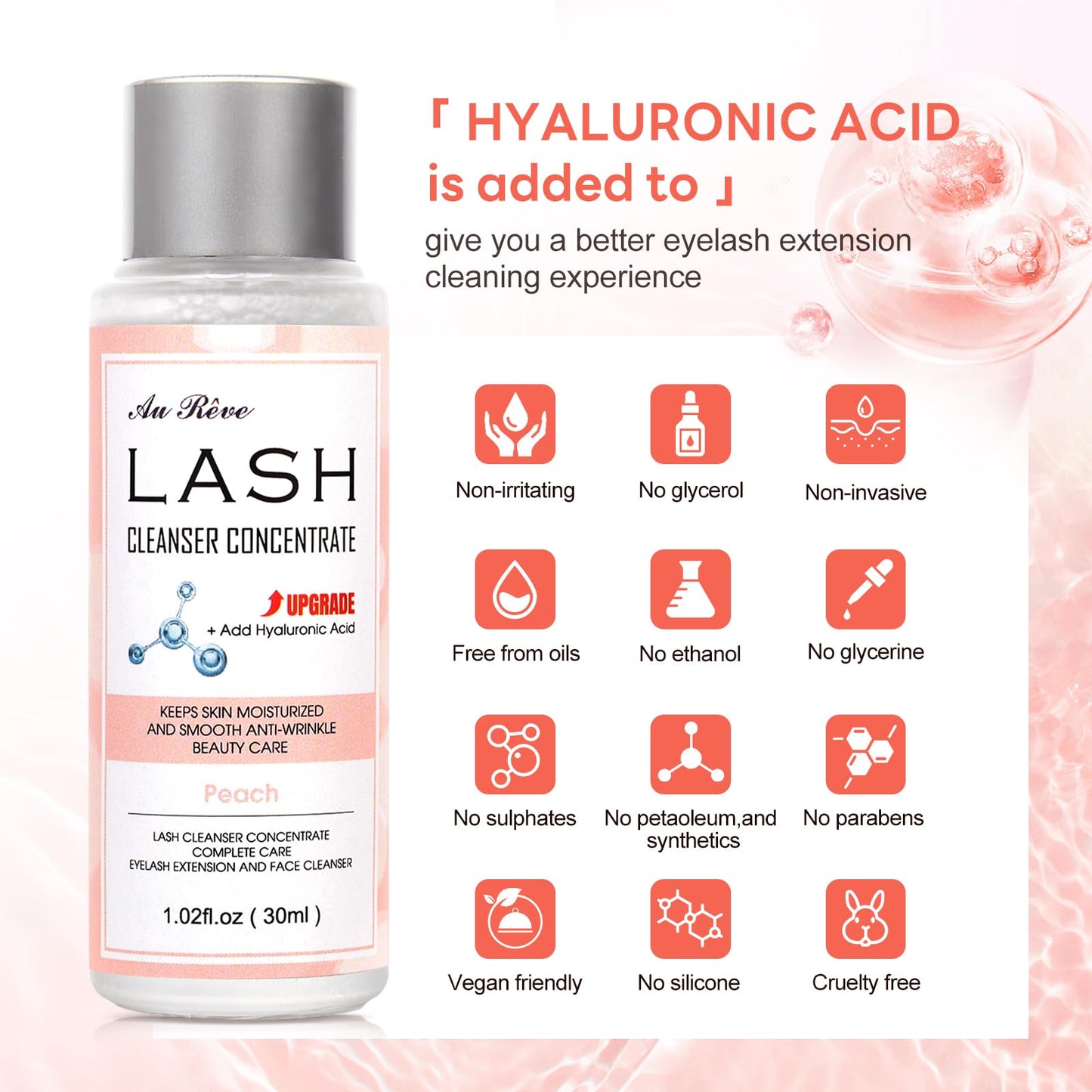 AuReve Lash Shampoo Concentrate 30ml Lash Cleanser Concentrate Add Hyaluronic Acid Oil-Free Lash Extension Shampoo Perfect for Salon,Peach