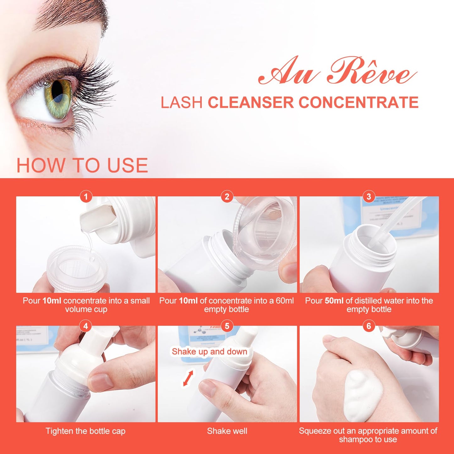 AuReve Lash Shampoo Concentrate 30ml Lash Cleanser Concentrate Add Hyaluronic Acid Oil-Free Lash Extension Shampoo Perfect for Salon,Peach