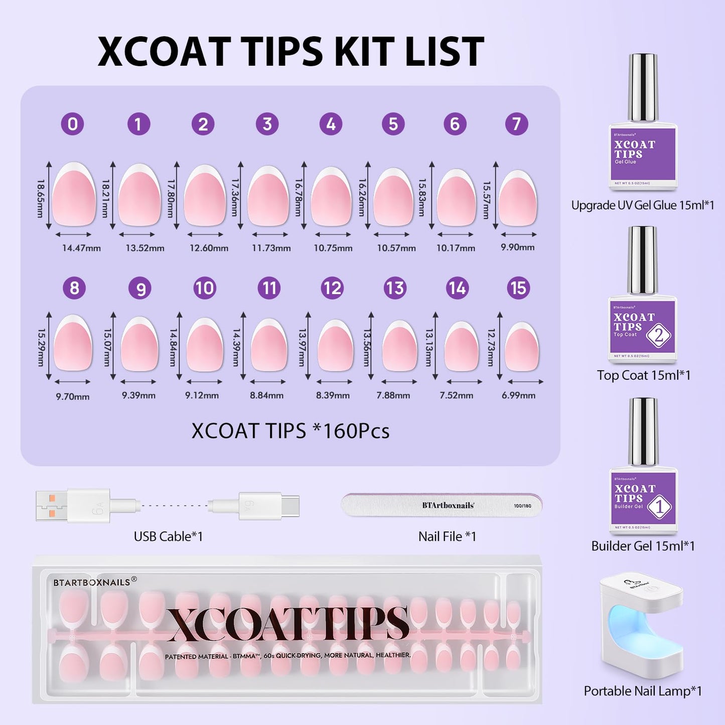 BTArtboxnails XCOATTIPS French Nails - Extra Short Almond Tips with Nail Gel, French Protecing Duo, Nail Lamp, All in One Soft Gel French Tip Press on Nails Gel Extension