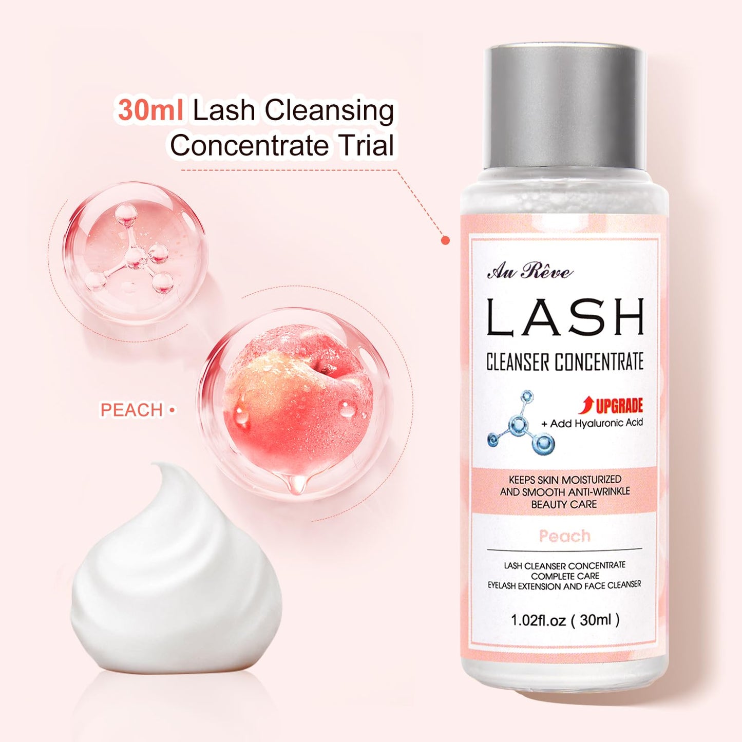 AuReve Lash Shampoo Concentrate 30ml Lash Cleanser Concentrate Add Hyaluronic Acid Oil-Free Lash Extension Shampoo Perfect for Salon,Peach