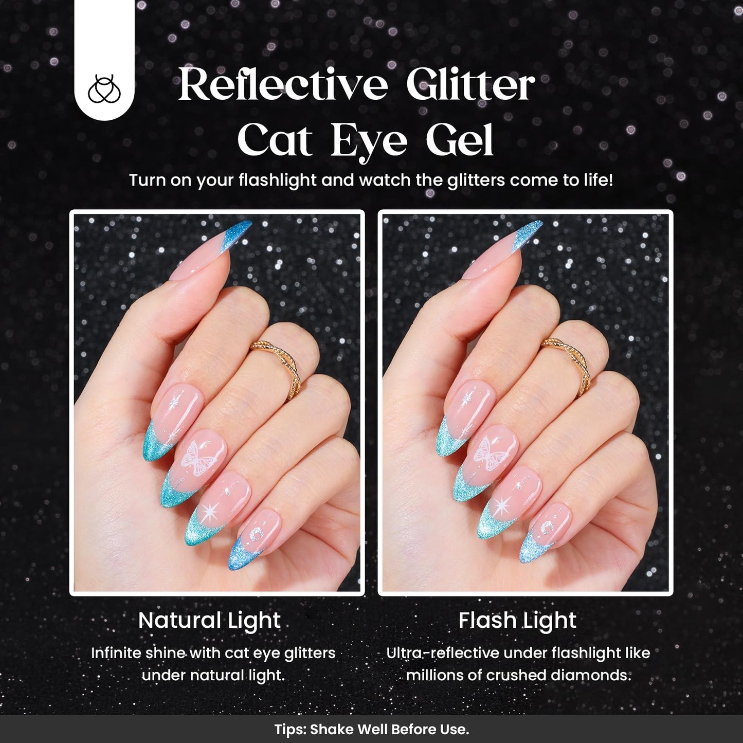 beetles Cat Eye Gel Nail Polish Set, 24Pcs Glitter Gel Nail Polish Blue Pink Purple Green Shimmer Colors Nail Polish with Magnet Stick Glossy & Matte Gel Top Base Coat UV Gift for Women & Girls