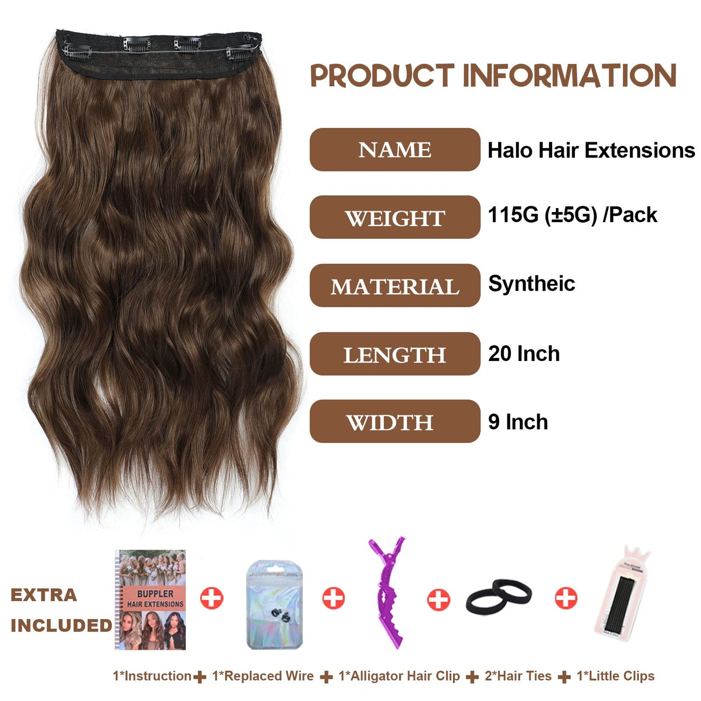 BUPPLER Halo Hair Extensions 20 Inch Invisible Wire Hair Extensions Adjustable Long Wavy Hair Extensions Synthetic Upgrade 4 Secure Clips in Hairpieces 20 Inch,Medium Brown