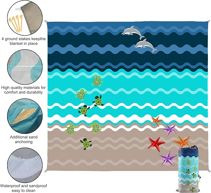 Beach Blanket Waterproof Sandproof, 111x121Inch Sand Free Beach Mat, Quick Drying, Light Weight and Portable Outdoor Picnic Mat for Travel, Camping