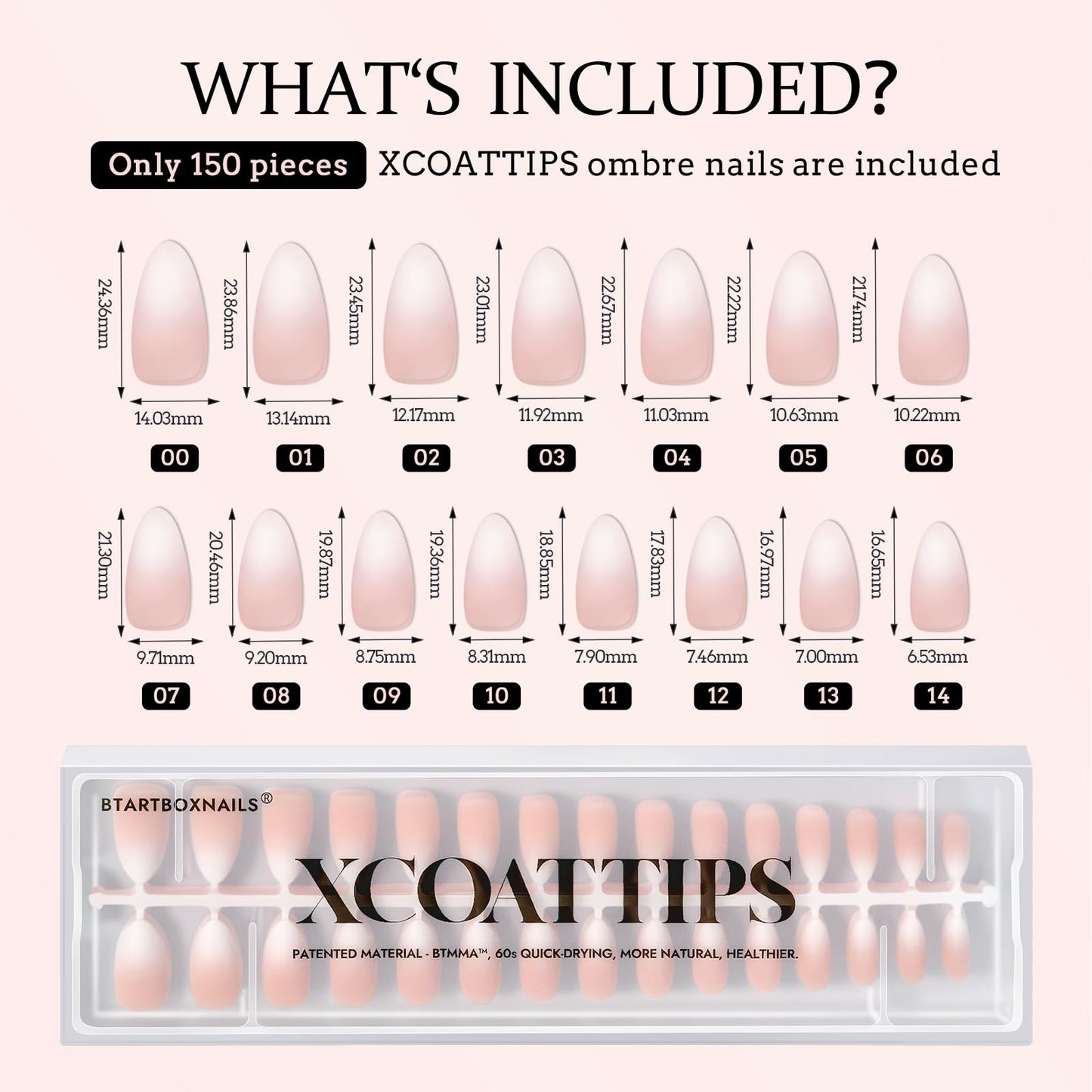 BTArtboxnails XCOATTIPS Ombre Nails - Press On Nails Medium Almond Shape, Soft Gel, 150Pcs 15 Sizes Soak Off Acrylic Fake Nails Gift for Home DIY