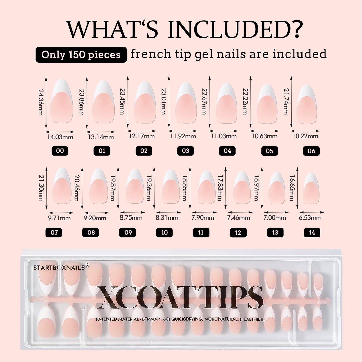BTArtboxnails Almond French Tip Gel Nail Tips Kit - Soft Press on Nails with Nude Acrylic Tips XCOATTIPS and Supplies for Professional Use