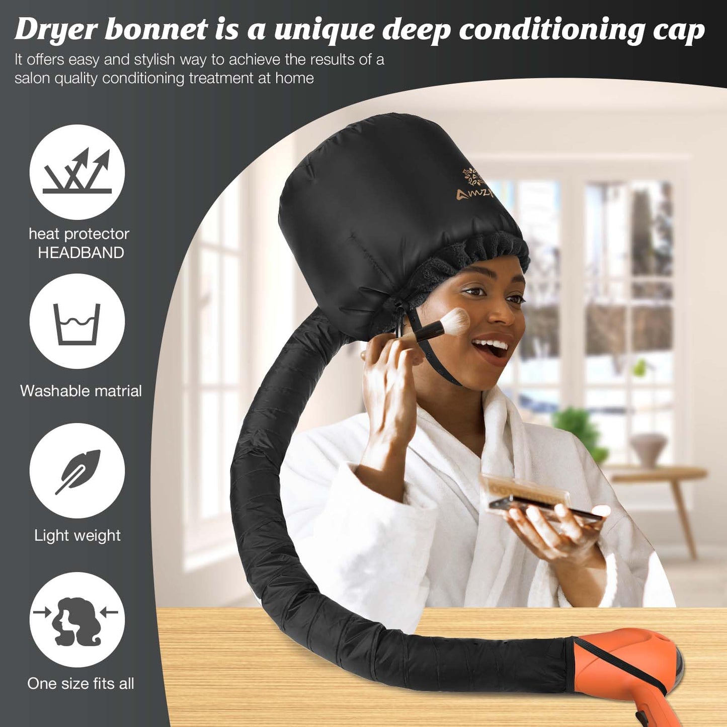 Bonnet Hood Hair Dryer Attachment - Headband Integrated Bonnet Hair Dryer for Speeds Up Drying Time at Home, Easy to Use for Styling, Curling and Deep Conditioning (Black,Adjustable)