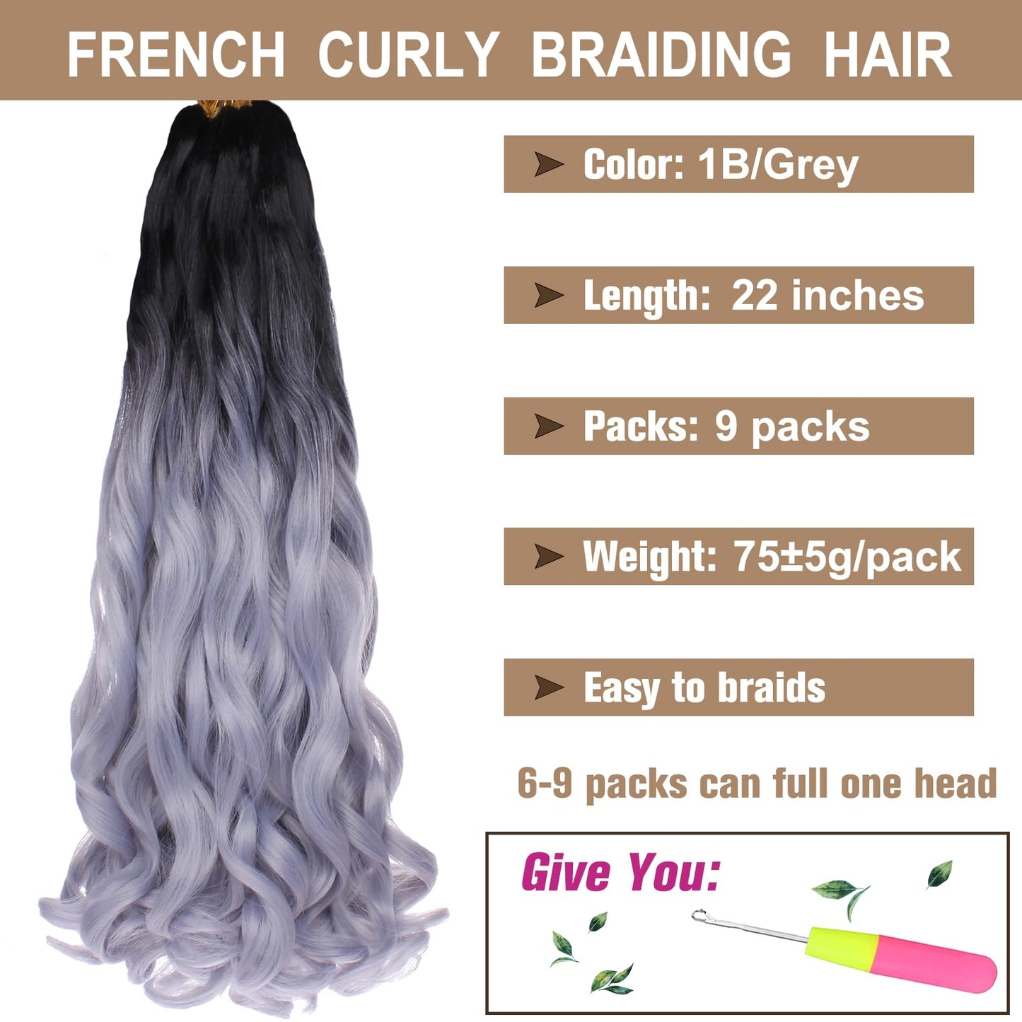 COOKOO 9 Packs 22 Inch Pre-stretched Ombre Grey French Curls Braiding Hair Spanish Curly Braids Hair Wavy Crochet Braids Hair Loose Wavy Crochet Hair Extention for Goddess Box Braids 1B/Grey#