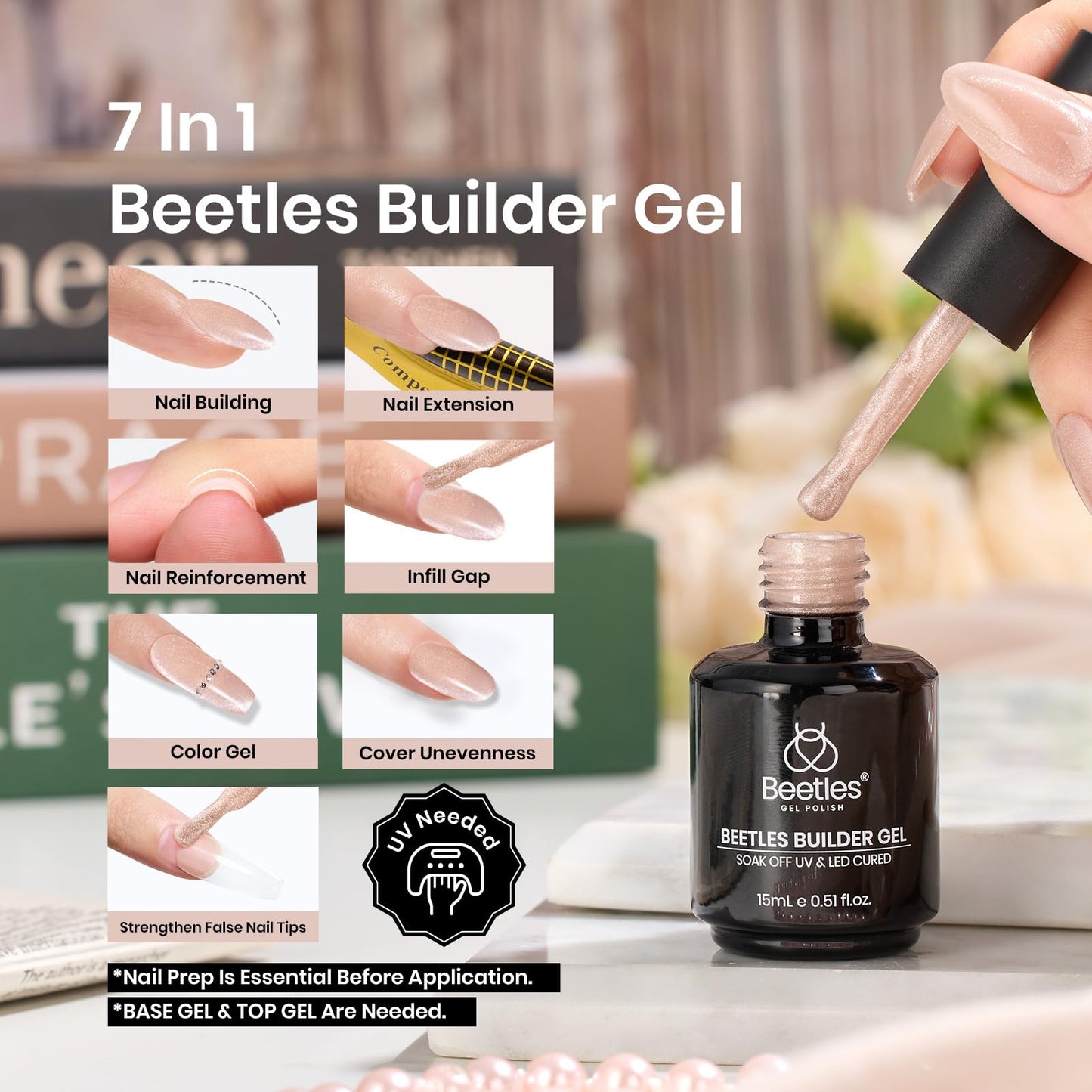 Beetles Builder Gel for Nails, 4 Colors 6 in 1 Strengthener Gel Builder for Nails, Cat Eye Gel Glitter Pink Nude Hard Gel Apex Nail Thickening Extension Soak Off Uv Valentines Gift for Women