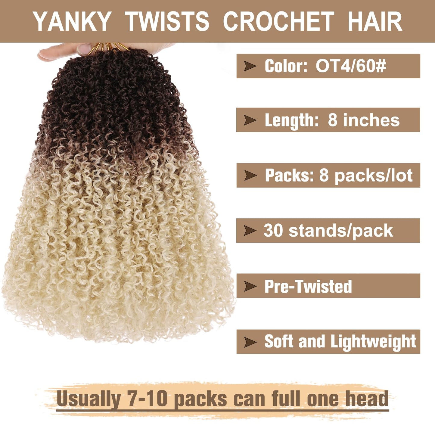 COOKOO 8 Inch Pre Looped Yanky Twist Crochet Hair 8 Packs Short Yanky Passion Twist Hair Bohemian Yanky Twists Crochet Hair Fluffy Mini Twist Crochet Hair Pre-twisted Curly Crochet Braiding Hair