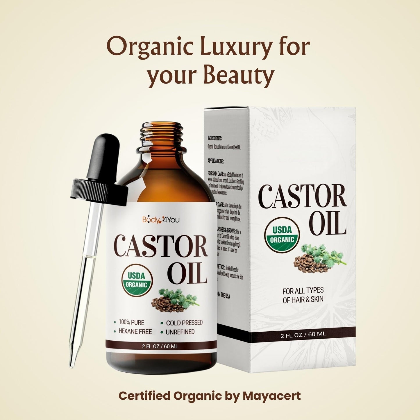 BodyJ4You Organic Castor Oil - Pure 100% USDA Certified Cold Pressed - Natural Hair Growth Eyelashes Eyebrows Veganic - Rich Hydration Healthy Skin Moisturizer Lash Serum Brow - 2 Fl Oz