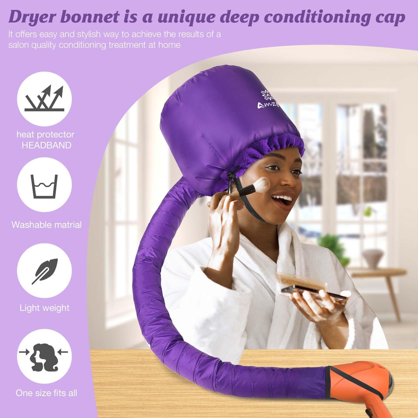 Bonnet Hood Hair Dryer Attachment - Headband Integrated Bonnet Hair Dryer for Speeds Up Drying Time at Home, Easy to Use for Styling, Curling and Deep Conditioning (Purple,Adjustable)