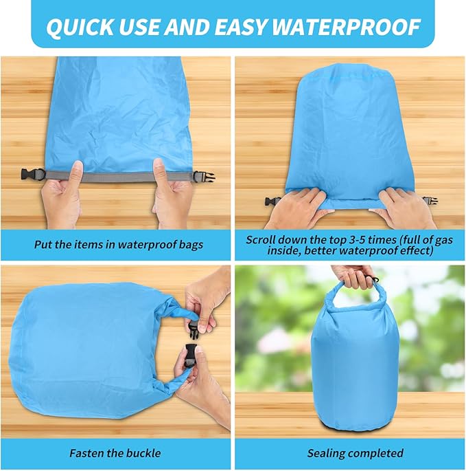 Dry Bag Set, Waterproof Small Lightweight Dry Bags for Paddle Board Kayaking, Fishing, Camping (Blue, 2L+5L+10L)