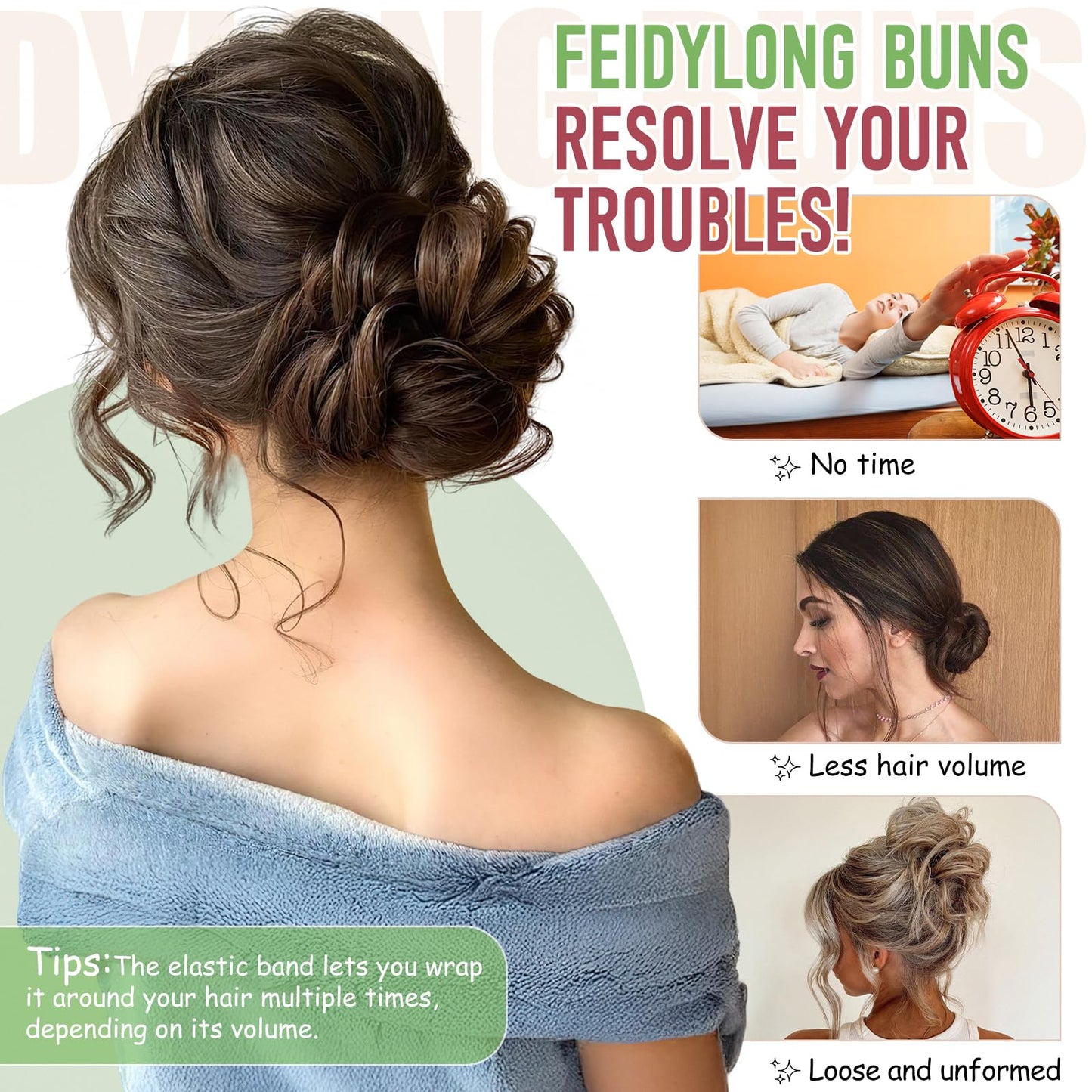 FeidyLong 2 PCS Messy Bun Hair Piece Wavy Curly Scrunchies Synthetic Chignon Ponytail Hair Extensions Thick Updo Hairpieces for Women Girls(Black Brown Mix Bleach Blonde)