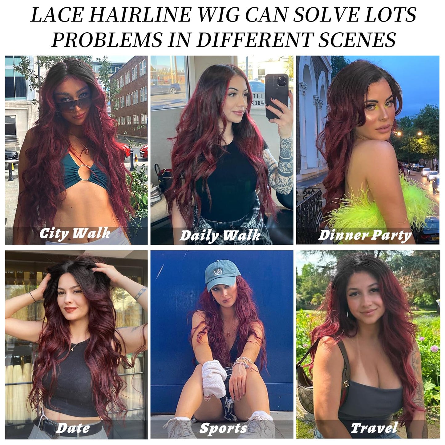 AISI HAIR Wig for Women, Long Red Wavy Lace Hairline Middle Part Synthetic Heat Resistant Wig for Daily Party-26 Inch