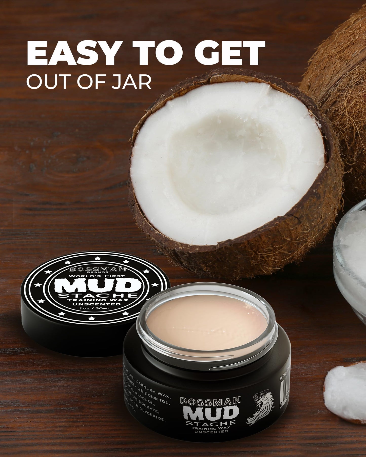 Bossman MUDstache Unscented Mustache Wax for Men (1 oz) - 2 Pack - Strong 24-Hour Hold, Non-Tacky & Easy to Apply for Taming & Styling