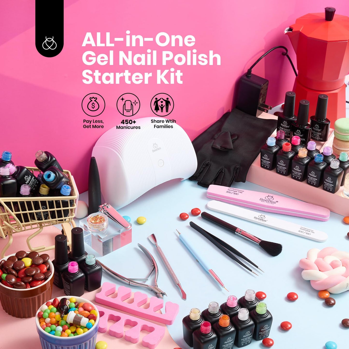 Beetles 53Pcs Gel Nail Polish Kit with UV Light Starter Kit, 32 Colors Pastel Pink Blue Green Summer Gel Polish Set with 3Pcs Base Gel Top Coat Led Nail Lamp Builder Blomming Gel Nail Gloves Gift Set