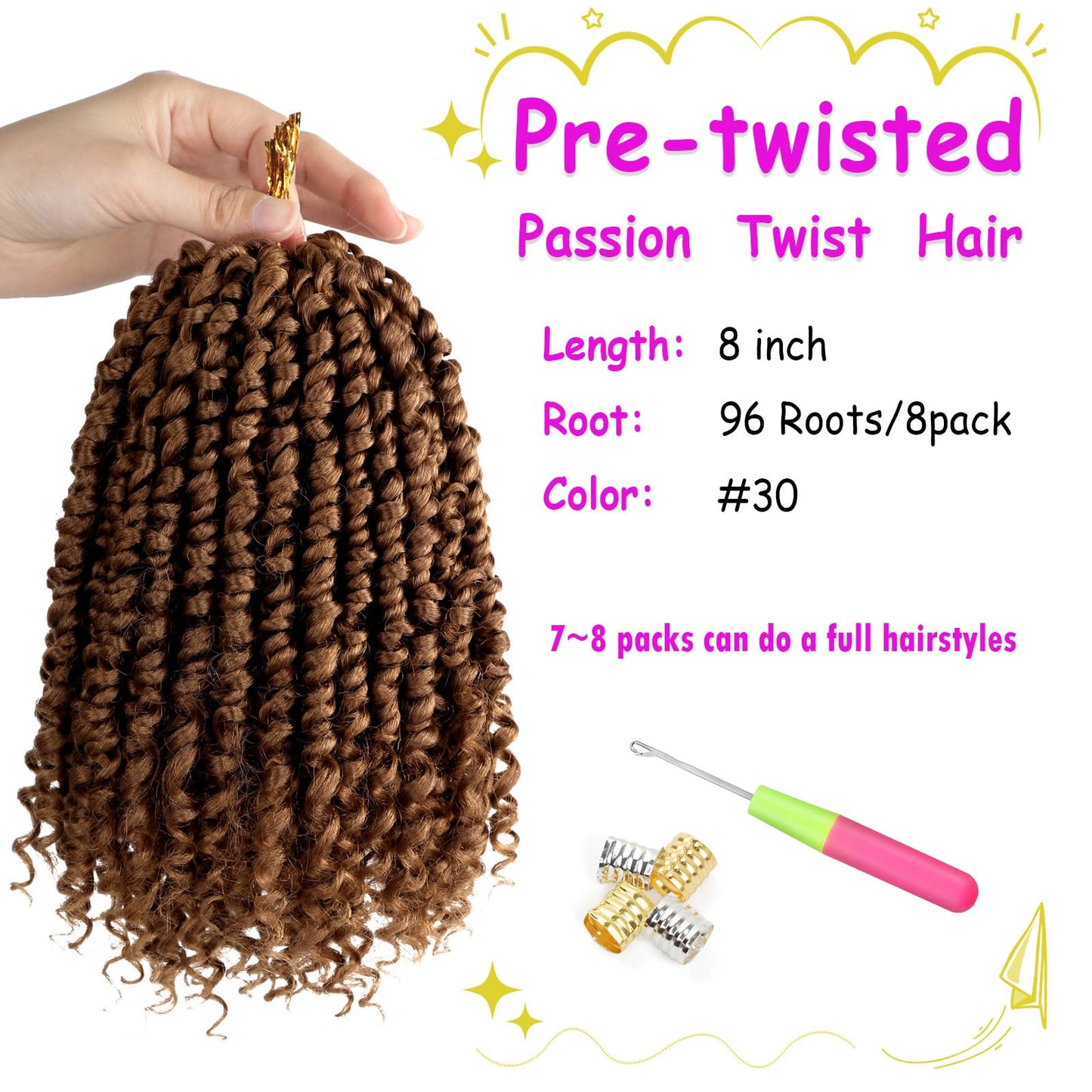 Bileaf 8 Packs Passion Twist Crochet Hair Pre Looped Passion Twist Hair 8 Inch, Pre-Twisted Crochet Passion Twists Bohemian Braiding Twist Crochet Hair for Women Girls and Kids Hair Extensions #30