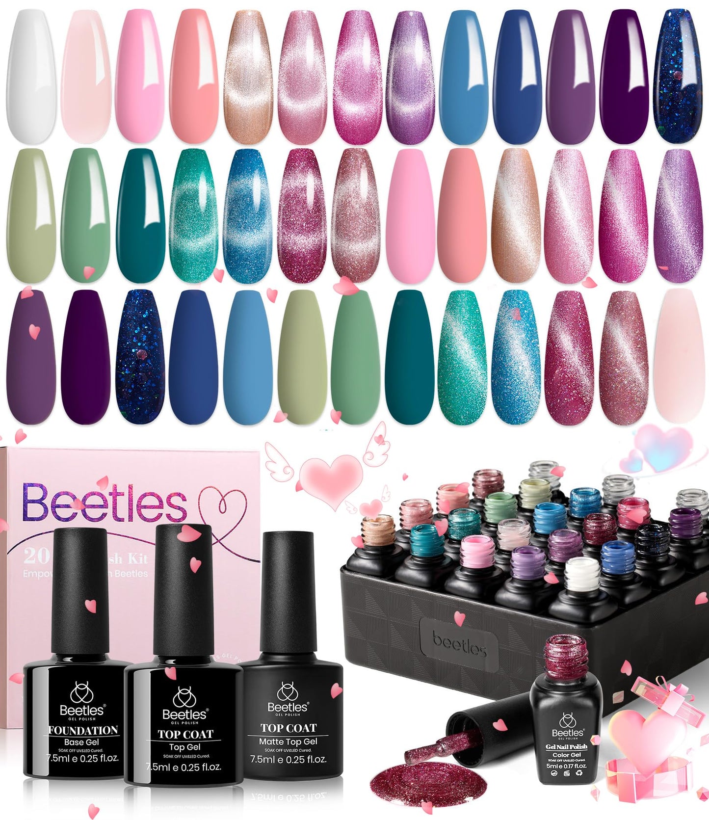 beetles Cat Eye Gel Nail Polish Set, 24Pcs Glitter Gel Nail Polish Blue Pink Purple Green Shimmer Colors Nail Polish with Magnet Stick Glossy & Matte Gel Top Base Coat UV Gift for Women & Girls