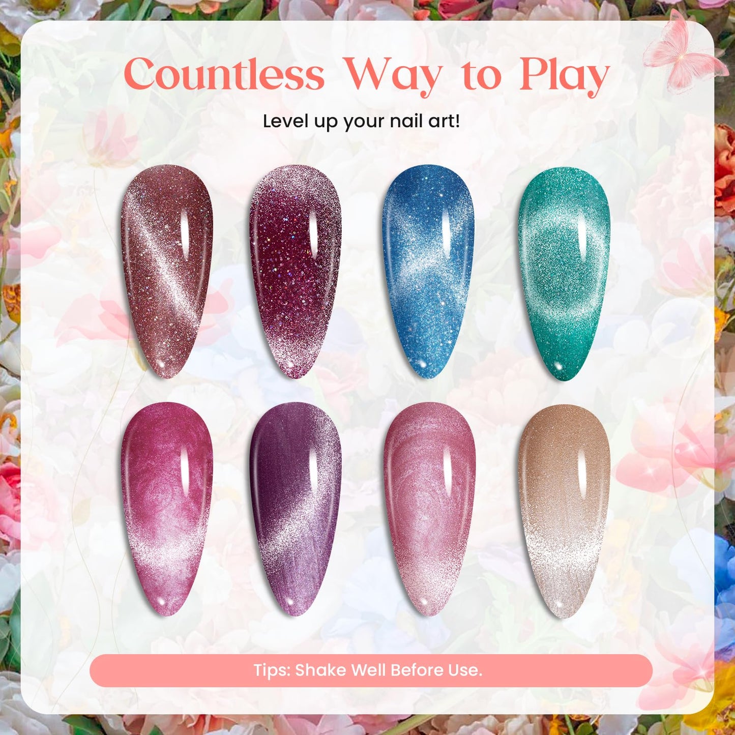 beetles Cat Eye Gel Nail Polish Set, 24Pcs Glitter Gel Nail Polish Blue Pink Purple Green Shimmer Colors Nail Polish with Magnet Stick Glossy & Matte Gel Top Base Coat UV Gift for Women & Girls