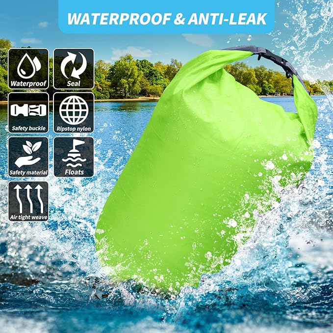 Dry Bag Set, Waterproof Small Lightweight Dry Bags for Paddle Board Kayaking, Fishing, Camping (Green, 2L+5L+10L)