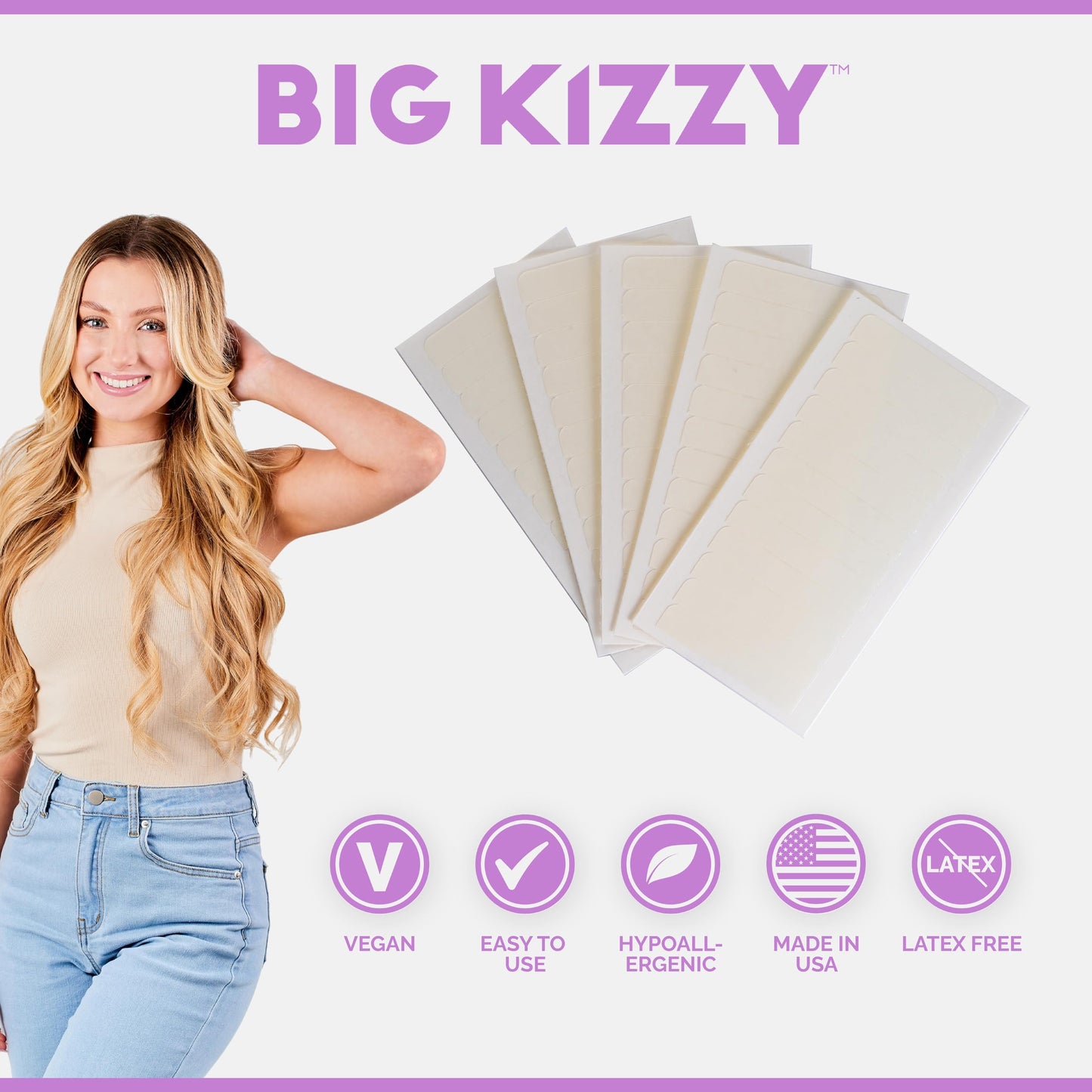 Big Kizzy Single Sided Pro Hold Replacement Tape for Hair Extensions - 5-7+ Weeks of wear - Strong Hold and Residue Free One Sided Tape for Extensions - 144 tabs - Made in USA