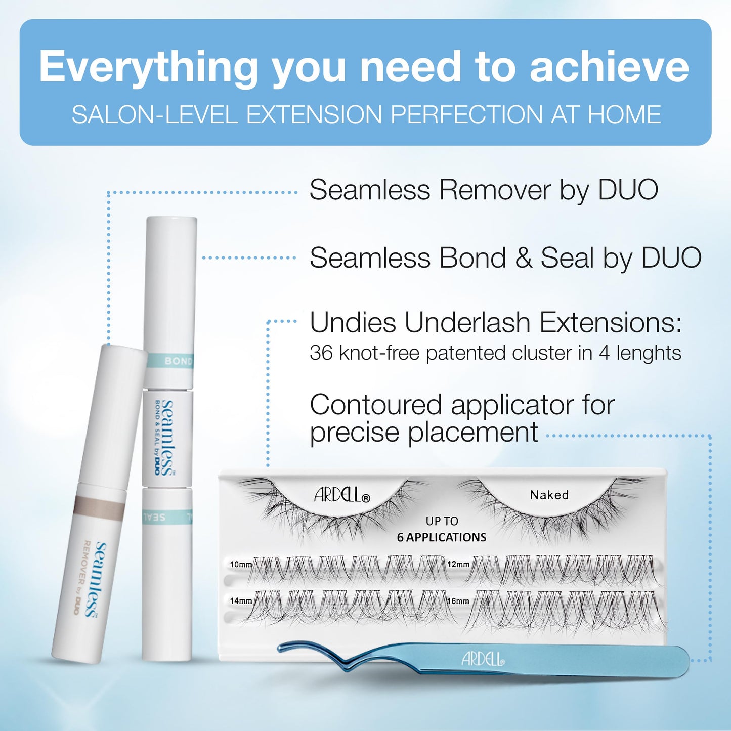 Ardell Seamless Underlash Extensions Naked - Patented DIY Lash Clusters, 36 Assorted Lengths, Eyelash Extension Kit with Bond & Seal, Remover, Applicator for Natural Lashes, 1-Pack