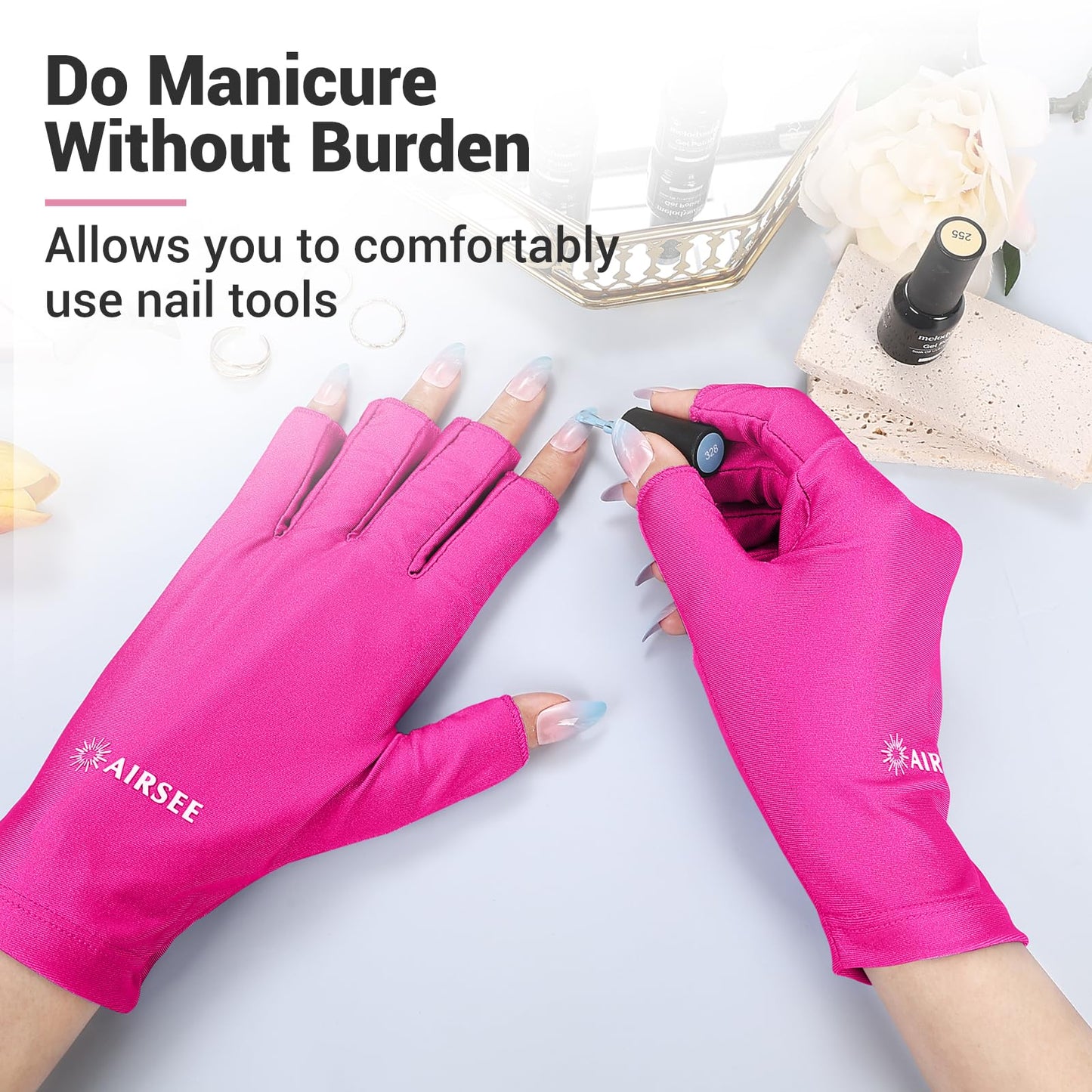 AIRSEE UV Gloves for Nail Lamp,Professional UPF50+ UV Protection Glove for Manicures Nail Art,Fingerless That Shield Skin from The Sun and Nail Lamp (Rose Red)