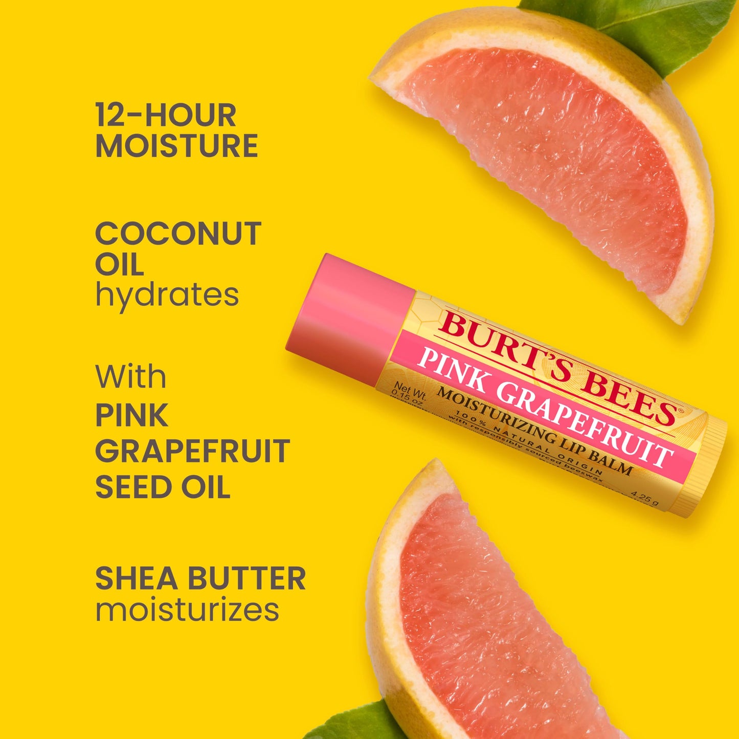 Burt's Bees Lip Balm - Pink Grapefruit, Lip Moisturizer With Responsibly Sourced Beeswax, Tint-Free, Natural Origin Conditioning Treatment, 2 Tubes, 0.15 oz.
