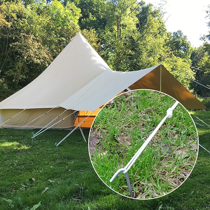 AAGUT 50 Pack Inflatable Stakes and Tethers, 9" Metal Camping Tent Stakes, Galvanized Garden Edging Fence Hooks, Ground Stakes for Trap and Christmas Decorations, Canopy Pegs with and Ties and T Hook