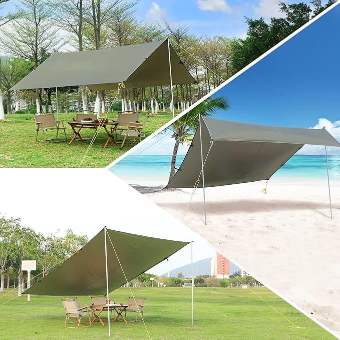 Camping Tarp, 10X9FT Hammock Tent - Waterproof and Anti-UV Protection, Portable and Lightweight, Including Tent Stakes and Carry Bag