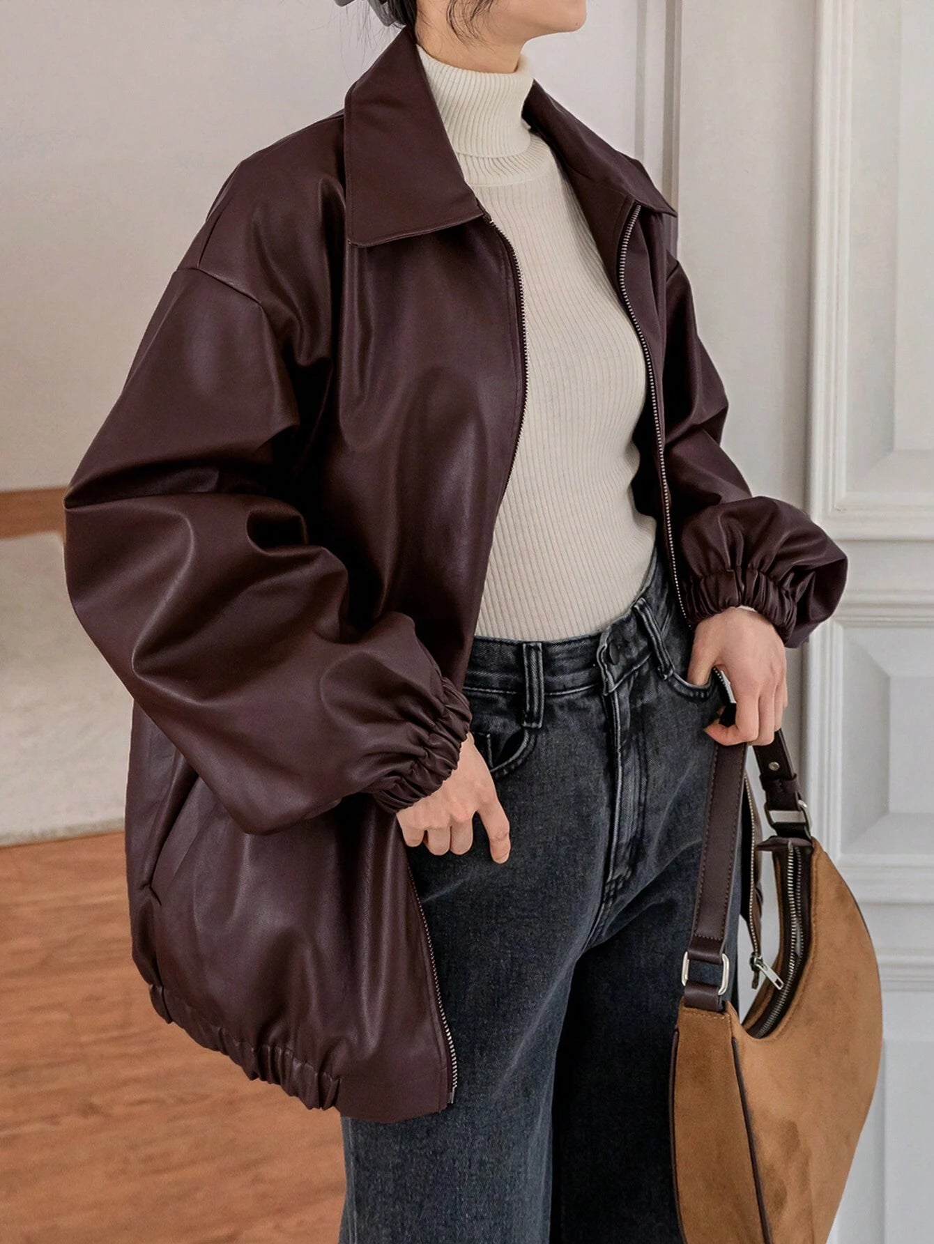 Dazy-Less Women's Drop Shoulder PU Leather Jacket