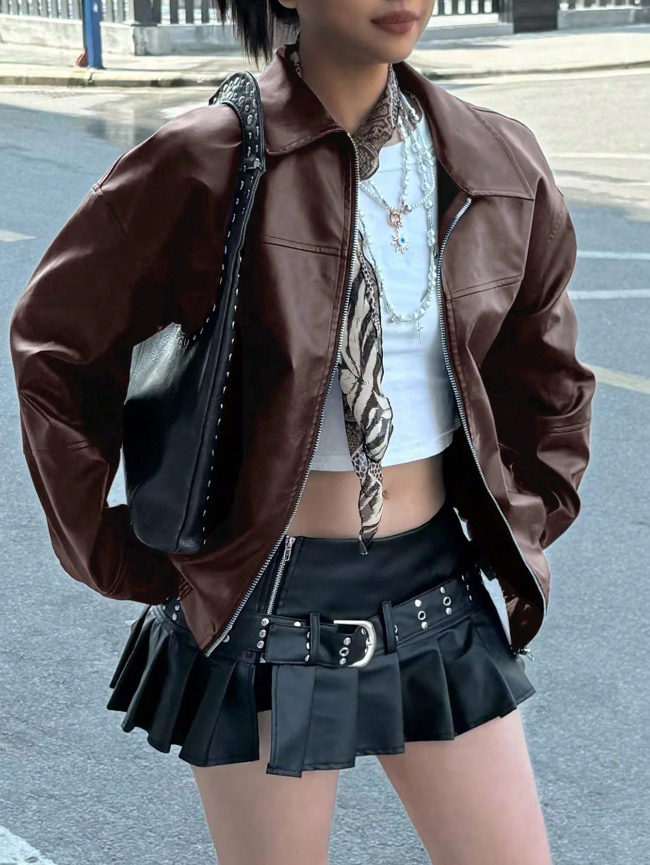 INAWLY Brown Women’s Motorcycle Jacket