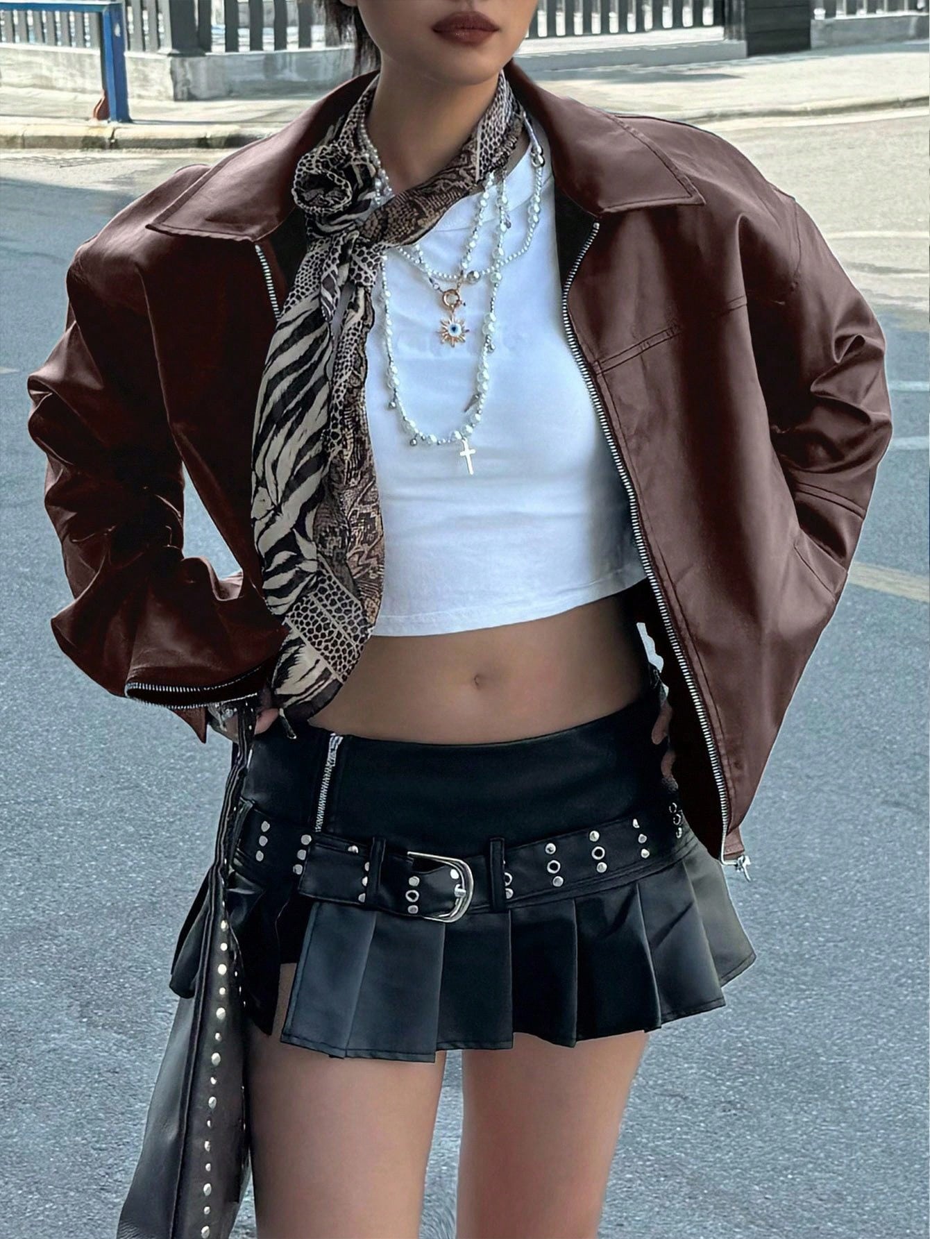 INAWLY Brown Women’s Motorcycle Jacket