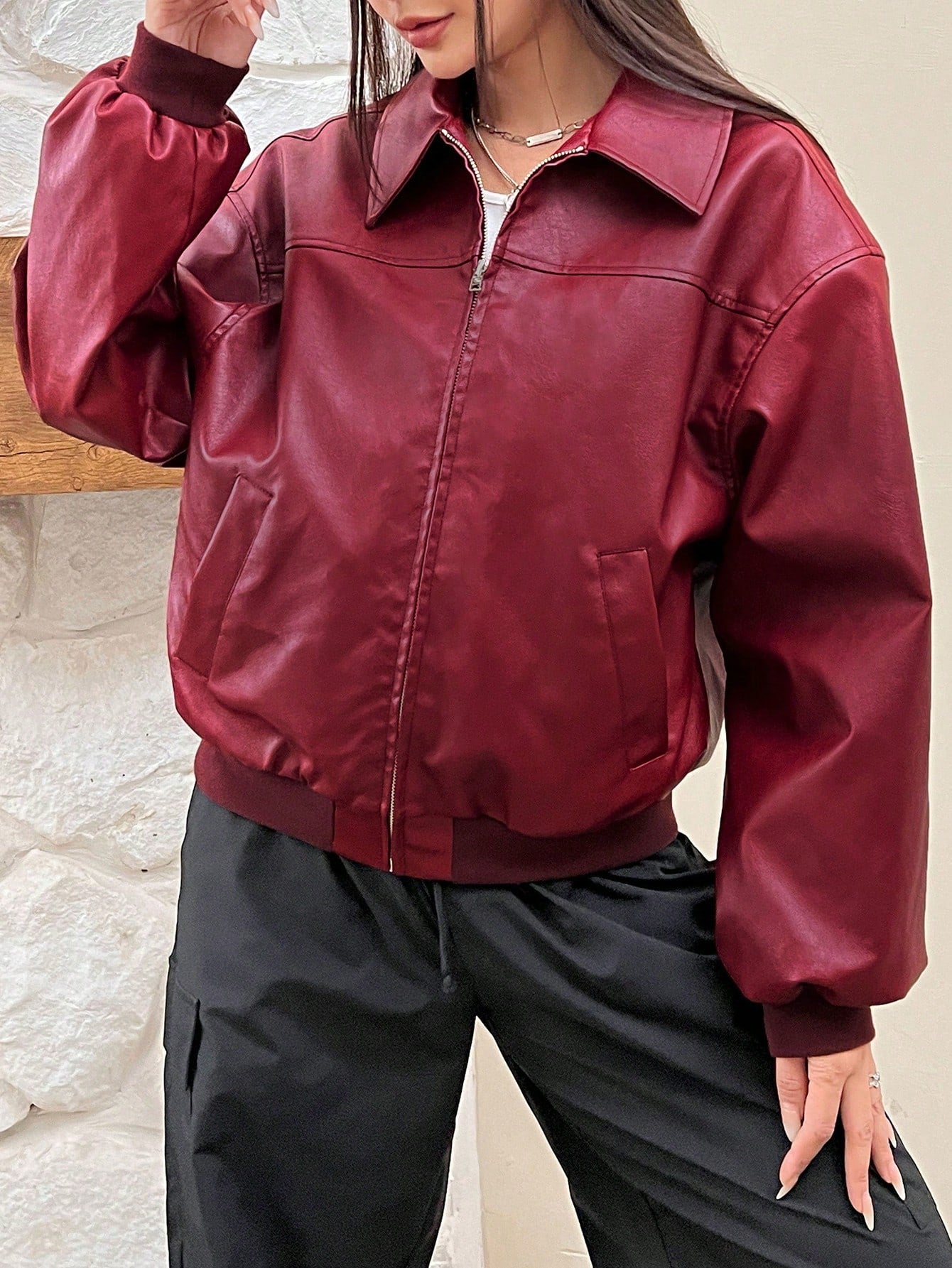 EZwear Women's Red PU Leather Jacket